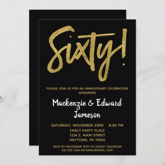 Black Gold Script 60th Jubileum-uitnodiging Kaart (Voorkant / Achterkant)