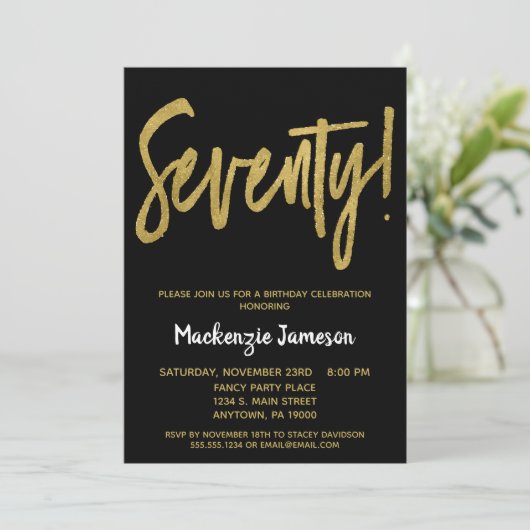 Black Gold Script 70th Birthday Party Invitation (Debout devant)