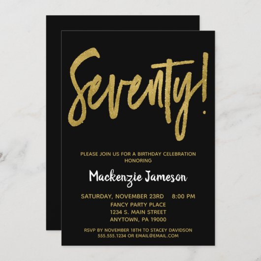 Black Gold Script 70th Birthday Party Invitation (Devant / Derrière)