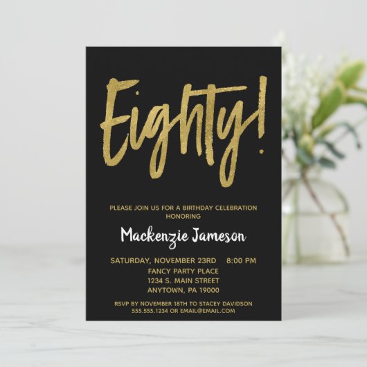 Black Gold Script 80th Birthday Party Invitation (Debout devant)