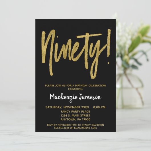 Black Gold Script 90th Birthday Party Invitation (Debout devant)
