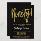 Black Gold Script 90th Birthday Party Invitation (Devant / Derrière)