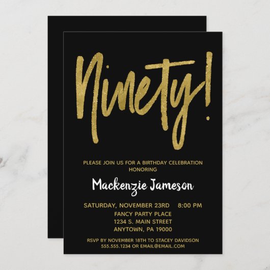 Black Gold Script 90th Birthday Party Invitation (Devant / Derrière)