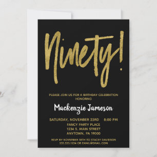 Black Gold Script 90th Birthday Party Invitation Kaart