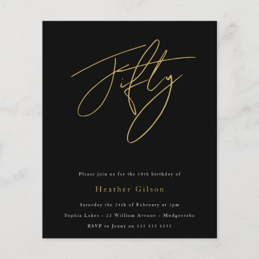 Black & Gold Script Budget 50th Birthday Invite (Voorkant)