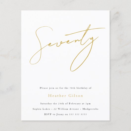 Black & Gold Script Budget 70th Birthday Invite (Voorkant)