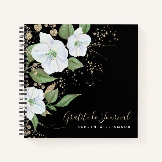 Black Gold Script Floral Waterverf Chic Gratitude Notitieboek (Voorkant)