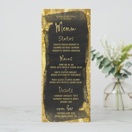 Black & Gold Script Kalligrafie Glam Menu (Staand voorkant)