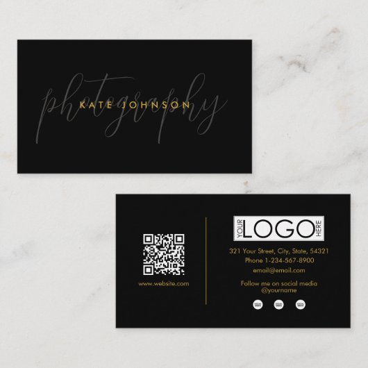 Black Gold Script Kalligrafie Handtekening QR-code Visitekaartje (Voorkant / Achterkant)