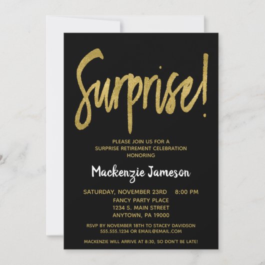 Black Gold Script Surprise Retraite Invitation (Devant)