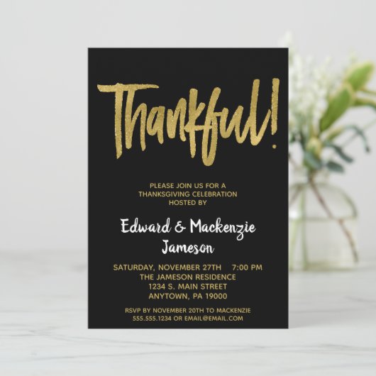 Black Gold Script Thanksgiving Invitation (Debout devant)