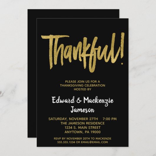 Black Gold Script Thanksgiving Invitation (Devant / Derrière)
