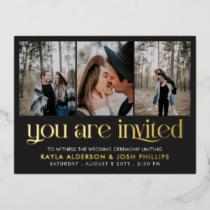 Black Gold Serif 3 Foto's die je uitgenodigd bent  Folie Uitnodiging Briefkaart