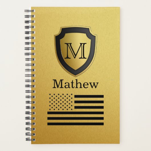 Black Gold Shield USA Drapeau Nom du monogramme Ma (Devant)
