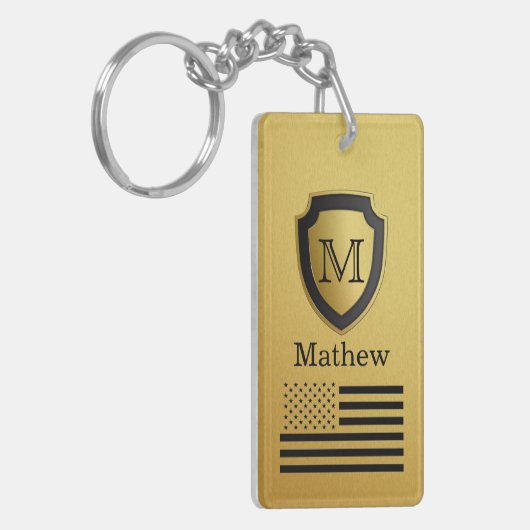 Black Gold Shield USA Flag Monogram Name Manly Sleutelhanger (Voorkant Links)