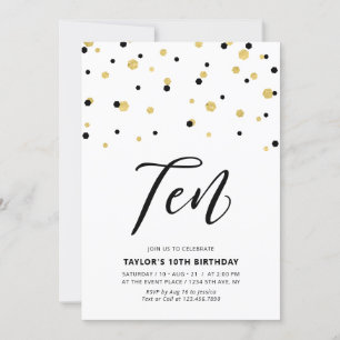 Black & Gold Simple 10th Teen Birthday Party Invit Kaart