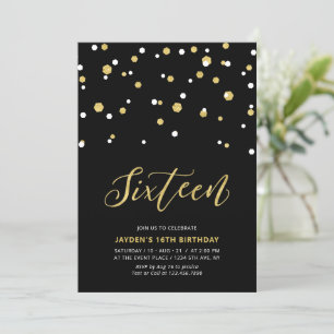 Black & Gold Simple 16th Teen Birthday Party Invit Kaart
