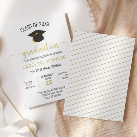 Black Gold Simple Modern Afstuderen Invitation Kaart