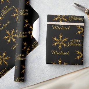 Black Gold Snowflake Add Name Merry Kerstry Cadeaupapier
