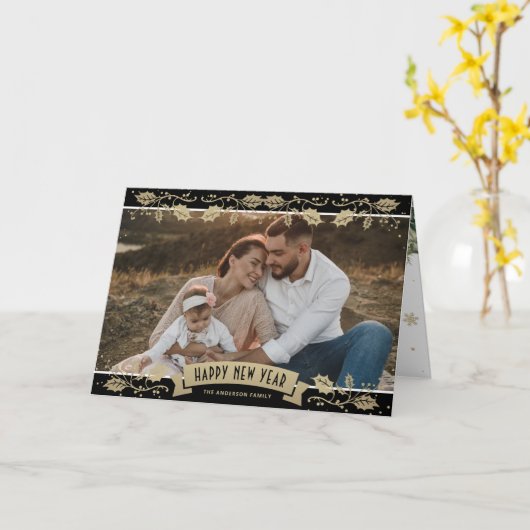 Black Gold Snowflake Botanical Photo New Year Card Kaart (Gele Bloem)