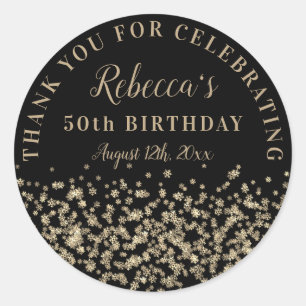 Black Gold Snowflake Glitter 50 Birthday Hartelijk Ronde Sticker