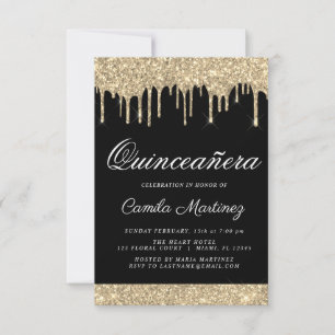 Black Gold Sparkle Glitter Quinceañera Celebration Kaart
