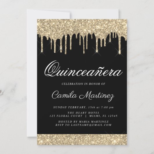 Black Gold Sparkle Glitter Quinceañera Viering Kaart (Voorkant)