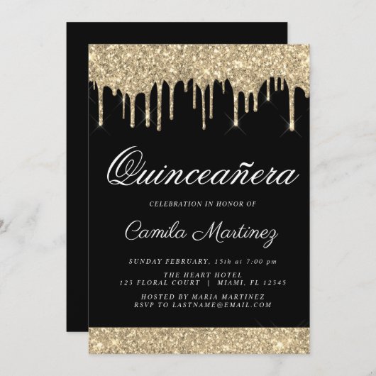 Black Gold Sparkle Glitter Quinceañera Viering Kaart (Voorkant / Achterkant)