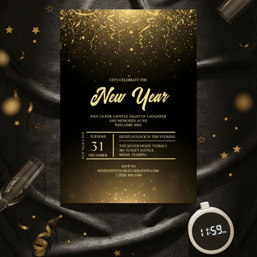 Black Gold Sparkle New Year Party Invitation