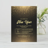 Black Gold Sparkle New Year Party Invitation Kaart (Staand voorkant)