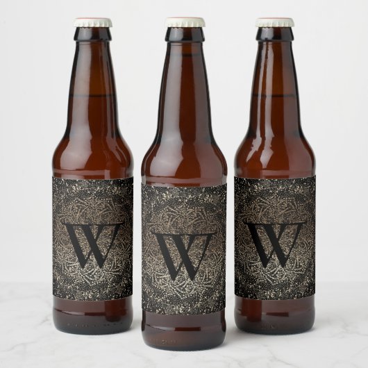 Black Gold Sparkle Snowflake Monogram Bier Etiket (Flessen)