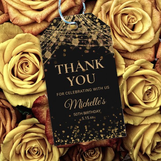 Black Gold String Lights Adult Birthday Hartelijk  Cadeaulabel