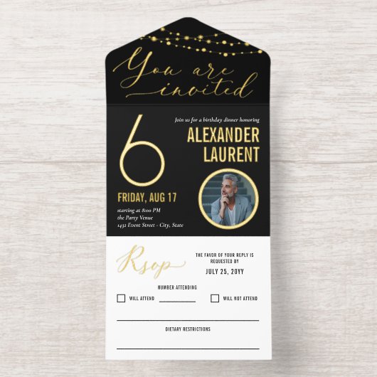 Black Gold String Lights Foto Milestone Verjaardag All In One Uitnodiging (Binnenkant)