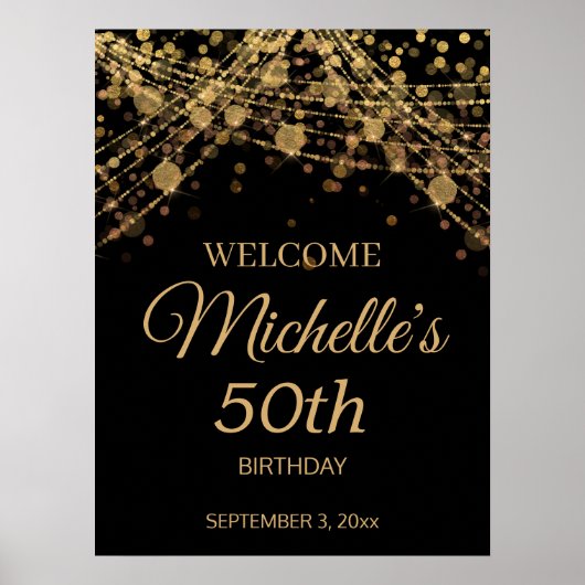 Black Gold String Lights Welkom 50th Birthday Poster (Voorkant)