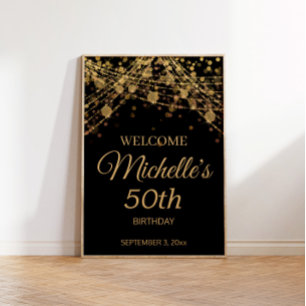 Black Gold String Lights Welkom 50th Birthday Poster