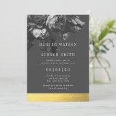 Black Gold Stripe Rose Bouquet Wedding Kaart (Staand voorkant)