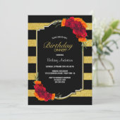 Black Gold Striped Floral Birthday Dinner Kaart (Staand voorkant)