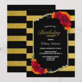 Black Gold Striped Floral Birthday Dinner Kaart (Voorkant / Achterkant)