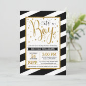 Black Gold Stripes Boy Baby Shower Invitations (Debout devant)