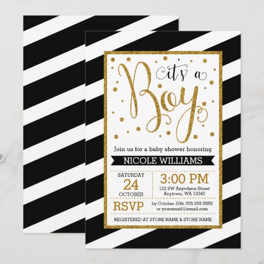 Black Gold Stripes Boy Baby Shower Invitations (Devant / Derrière)