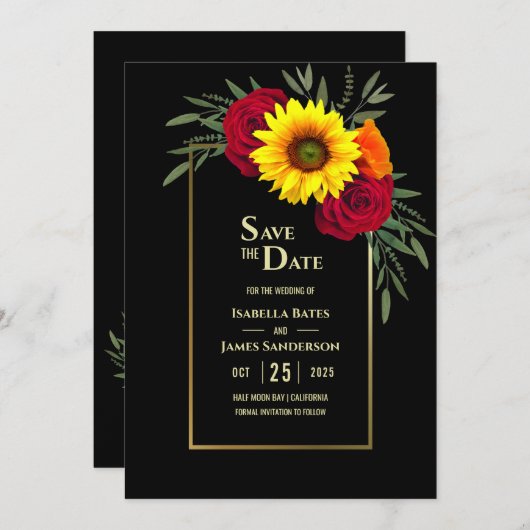 Black Gold Sunflower Burgundy Roos Weduwnaar Save  Save The Date (Voorkant / Achterkant)