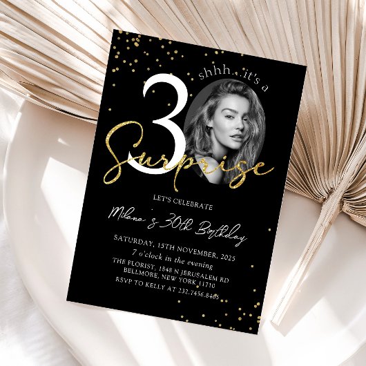 Black Gold Surprise 30e anniversaire Invitation ph