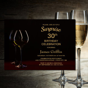 Black Gold Surprise 30th Birthday Wine Glass Party Kaart