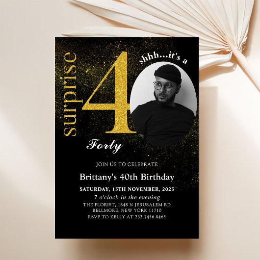 Black Gold Surprise 40e anniversaire Invitation ph