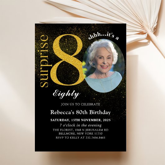 Black Gold Surprise 80e anniversaire Invitation ph