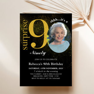 Black Gold Surprise 90e anniversaire Invitation ph