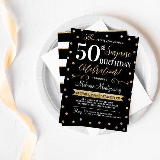 Black Gold Surprise Anniversaire Fête Invitation