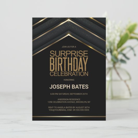 Black Gold Surprise Birthday Invitation Kaart (Staand voorkant)