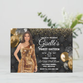 Black & Gold Sweet 16 Girl Birthday Invitation (Debout devant)
