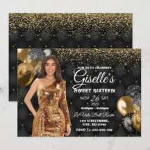 Black & Gold Sweet 16 Girl Birthday Invitation
